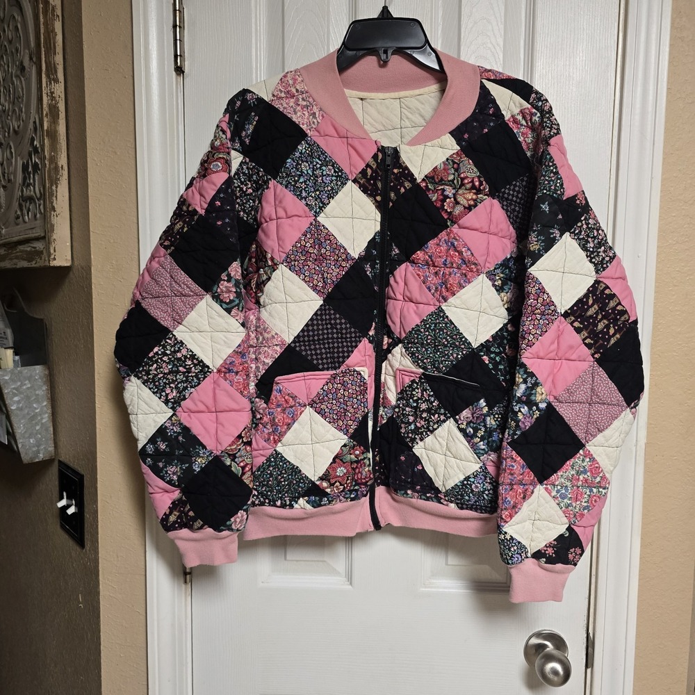 Handmade Quilt Jacket Pink Black Floral Patchwork Bomber Upcycled Folk Art OOAK